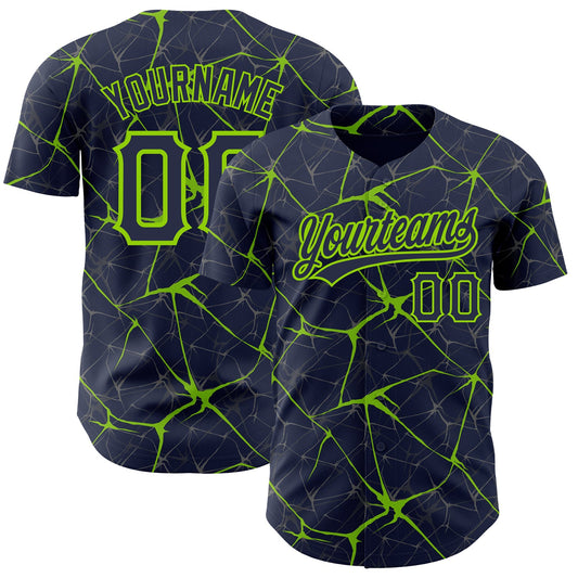 Custom Navy Neon Green 3D Pattern Design Abstract Network Authentic Baseball Jersey - Sky-Custom