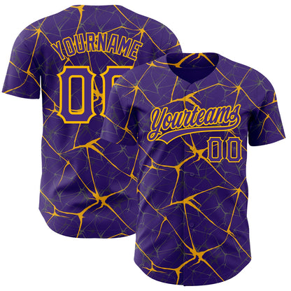 Custom Purple Gold 3D Pattern Design Abstract Network Authentic Baseball Jersey - Sky-Custom