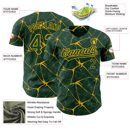 Custom Green Gold 3D Pattern Design Abstract Network Authentic Baseball Jersey - Sky-Custom