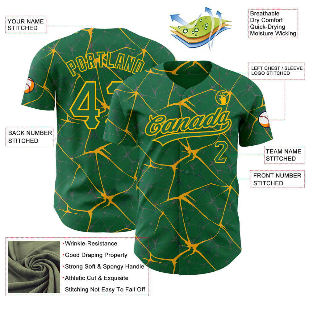Custom Kelly Green Gold 3D Pattern Design Abstract Network Authentic Baseball Jersey - Sky-Custom