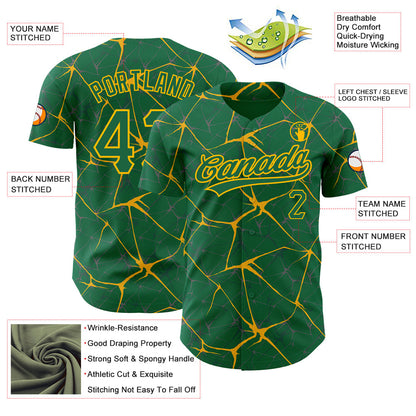 Custom Kelly Green Gold 3D Pattern Design Abstract Network Authentic Baseball Jersey - Sky-Custom