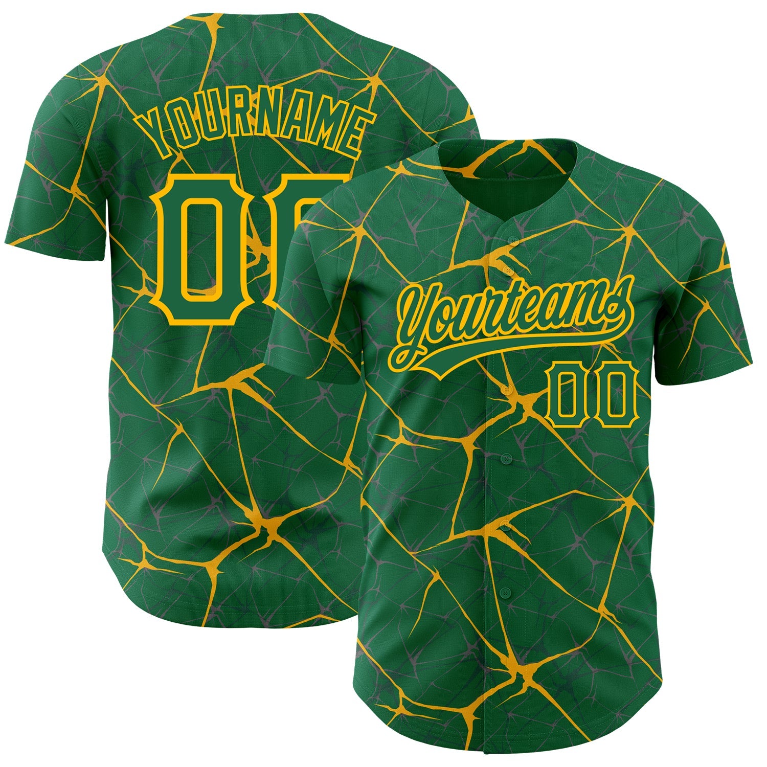 Custom Kelly Green Gold 3D Pattern Design Abstract Network Authentic Baseball Jersey - Sky-Custom