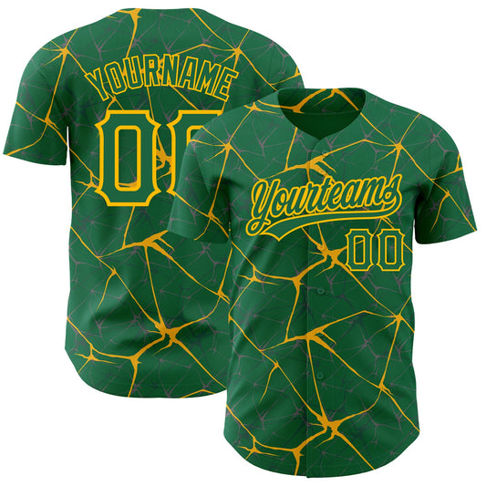 Custom Kelly Green Gold 3D Pattern Design Abstract Network Authentic Baseball Jersey - Sky-Custom