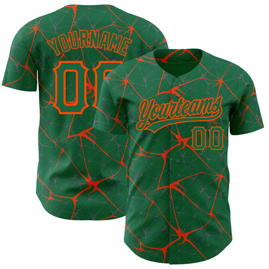 Custom Kelly Green Orange 3D Pattern Design Abstract Network Authentic Baseball Jersey - Sky-Custom