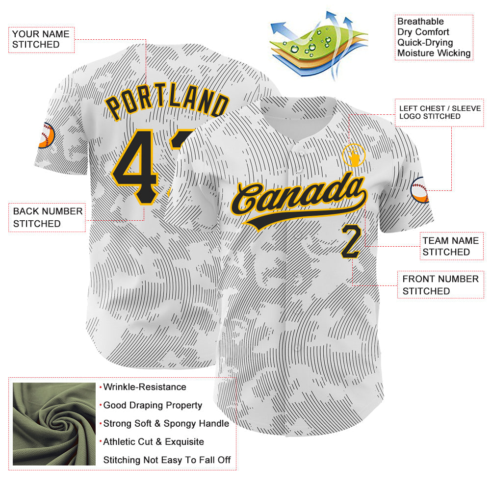 Custom White Black-Gold 3D Pattern Design Curve Lines Authentic Baseball Jersey - Sky-Custom