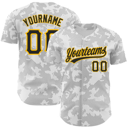 Custom White Black-Gold 3D Pattern Design Curve Lines Authentic Baseball Jersey - Sky-Custom