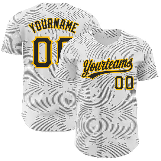 Custom White Black-Gold 3D Pattern Design Curve Lines Authentic Baseball Jersey - Sky-Custom