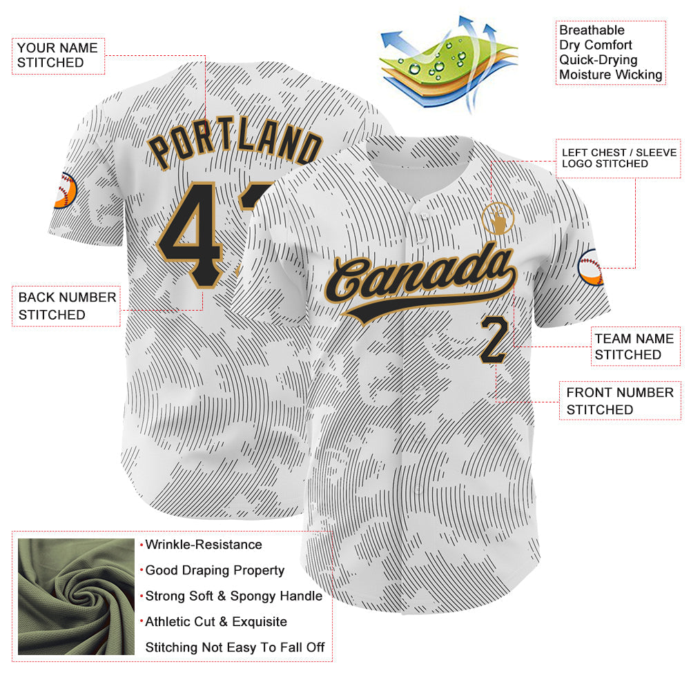 Custom White Black-Old Gold 3D Pattern Design Curve Lines Authentic Baseball Jersey - Sky-Custom