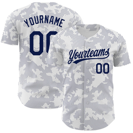Custom White Navy 3D Pattern Design Curve Lines Authentic Baseball Jersey - Sky-Custom