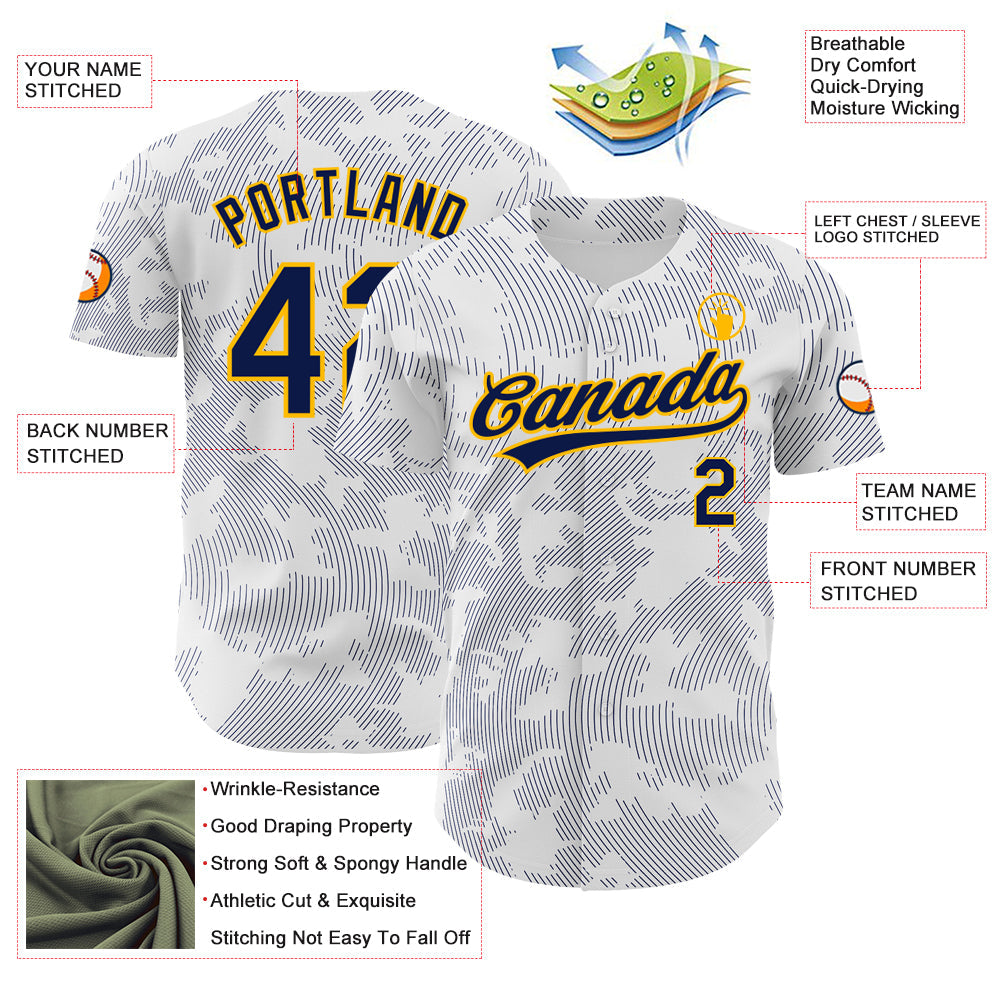 Custom White Navy-Gold 3D Pattern Design Curve Lines Authentic Baseball Jersey - Sky-Custom