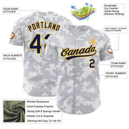 Custom White Navy-Gold 3D Pattern Design Curve Lines Authentic Baseball Jersey - Sky-Custom