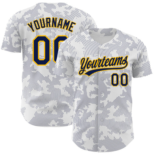 Custom White Navy-Gold 3D Pattern Design Curve Lines Authentic Baseball Jersey - Sky-Custom
