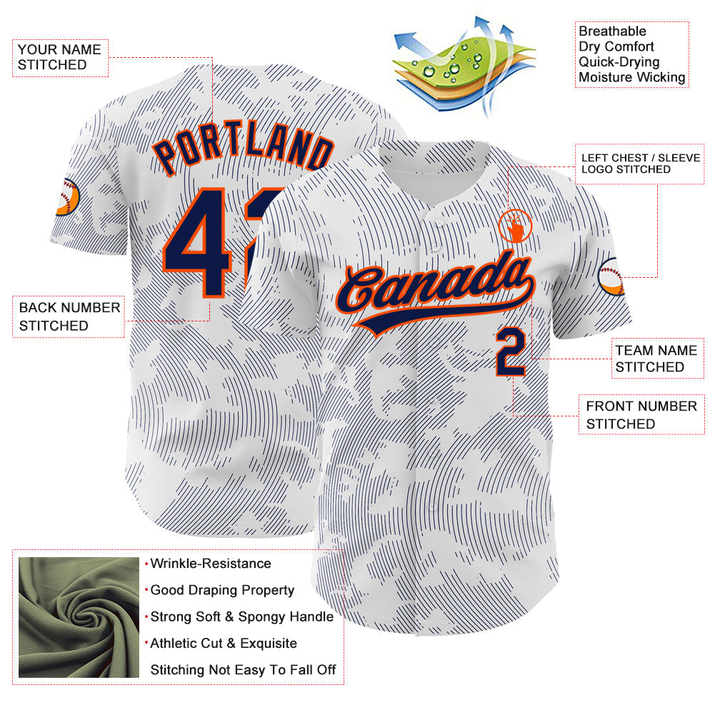 Custom White Navy-Orange 3D Pattern Design Curve Lines Authentic Baseball Jersey - Sky-Custom