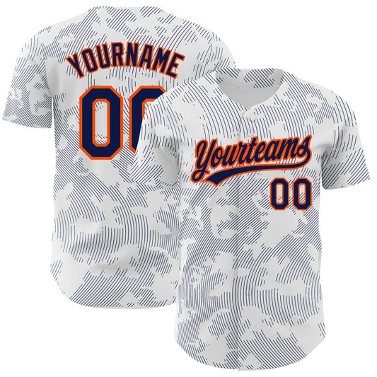 Custom White Navy-Orange 3D Pattern Design Curve Lines Authentic Baseball Jersey - Sky-Custom