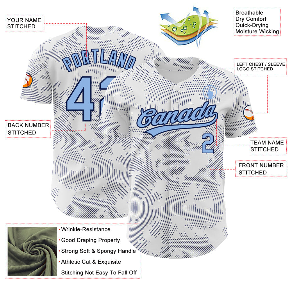 Custom White Light Blue-Navy 3D Pattern Design Curve Lines Authentic Baseball Jersey - Sky-Custom