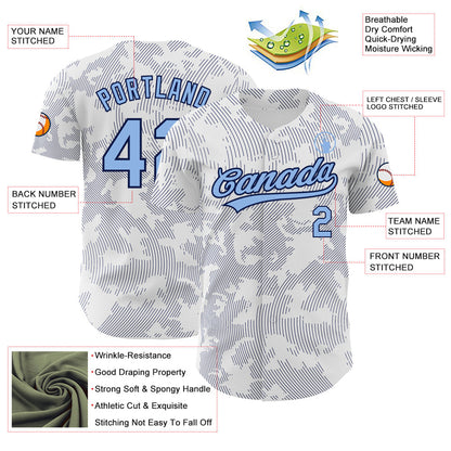 Custom White Light Blue-Navy 3D Pattern Design Curve Lines Authentic Baseball Jersey - Sky-Custom