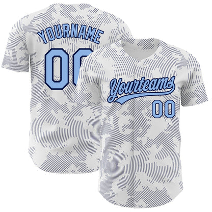 Custom White Light Blue-Navy 3D Pattern Design Curve Lines Authentic Baseball Jersey - Sky-Custom