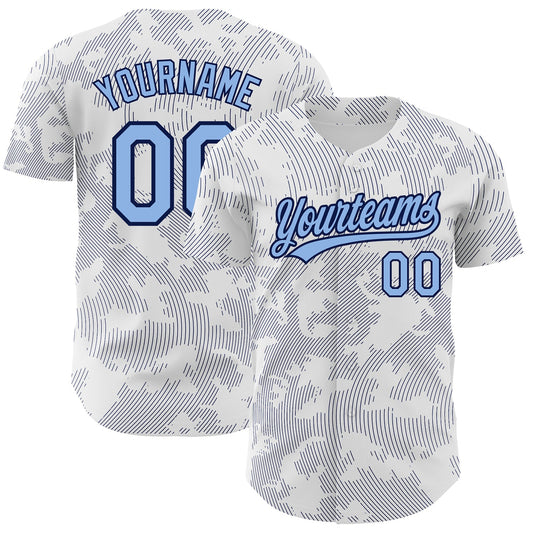 Custom White Light Blue-Navy 3D Pattern Design Curve Lines Authentic Baseball Jersey - Sky-Custom