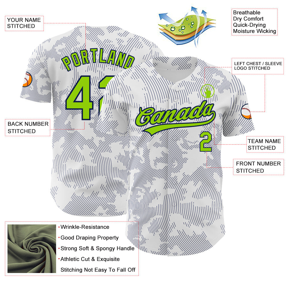 Custom White Neon Green-Navy 3D Pattern Design Curve Lines Authentic Baseball Jersey - Sky-Custom
