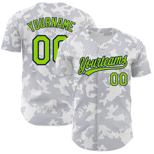 Custom White Neon Green-Navy 3D Pattern Design Curve Lines Authentic Baseball Jersey - Sky-Custom
