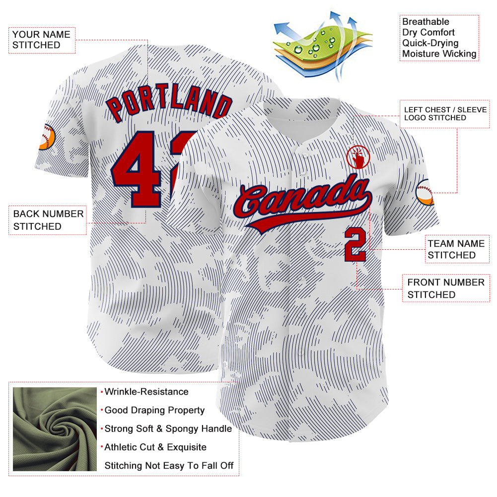 Custom White Red-Navy 3D Pattern Design Curve Lines Authentic Baseball Jersey - Sky-Custom