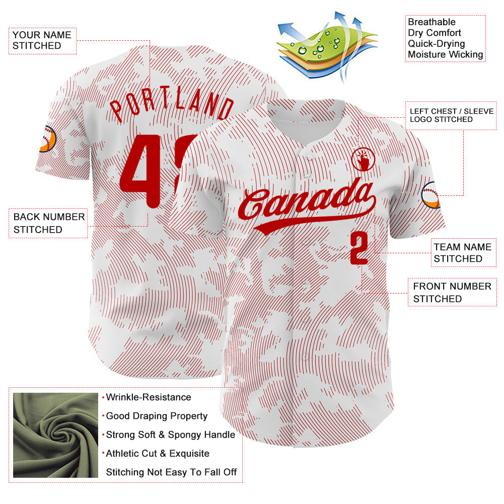 Custom White Red 3D Pattern Design Curve Lines Authentic Baseball Jersey - Sky-Custom