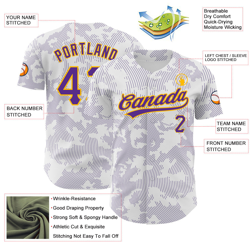 Custom White Purple-Gold 3D Pattern Design Curve Lines Authentic Baseball Jersey - Sky-Custom