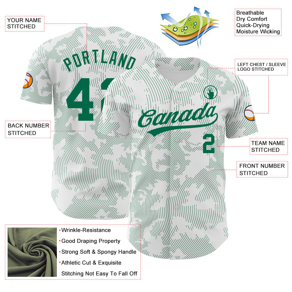 Custom White Kelly Green 3D Pattern Design Curve Lines Authentic Baseball Jersey - Sky-Custom