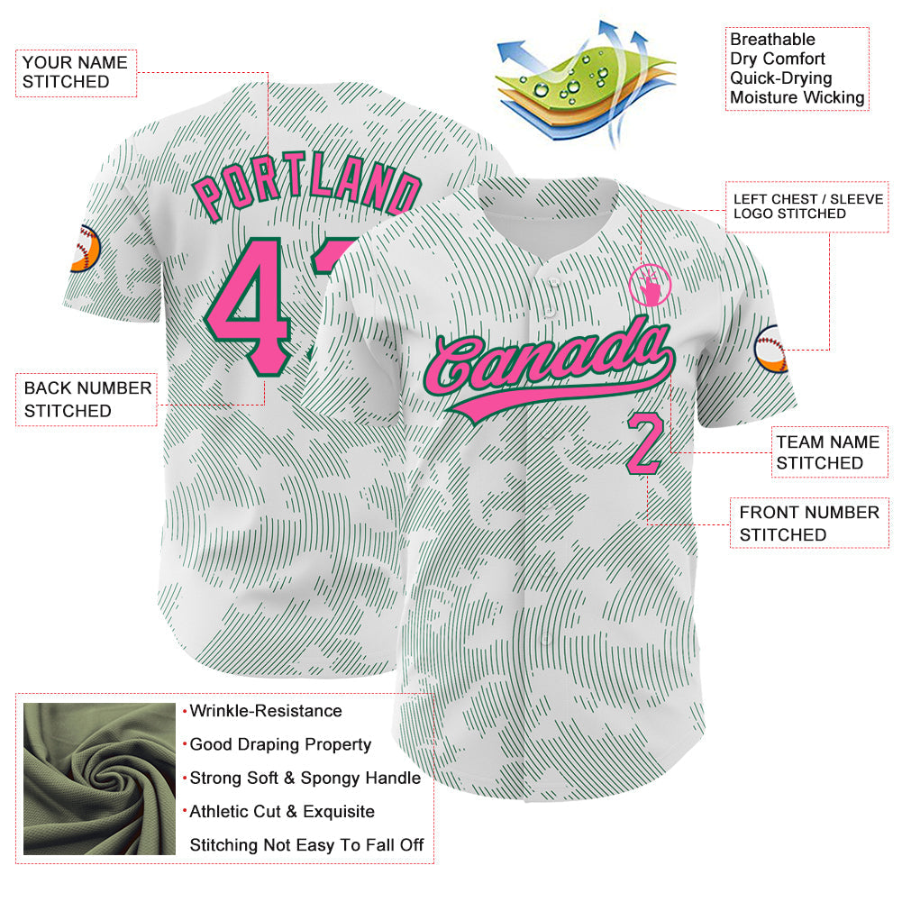 Custom White Pink-Kelly Green 3D Pattern Design Curve Lines Authentic Baseball Jersey - Sky-Custom