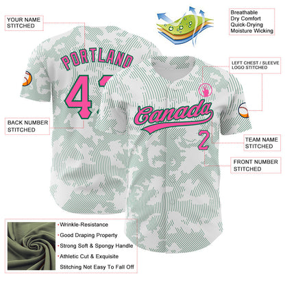 Custom White Pink-Kelly Green 3D Pattern Design Curve Lines Authentic Baseball Jersey - Sky-Custom
