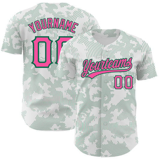 Custom White Pink-Kelly Green 3D Pattern Design Curve Lines Authentic Baseball Jersey - Sky-Custom