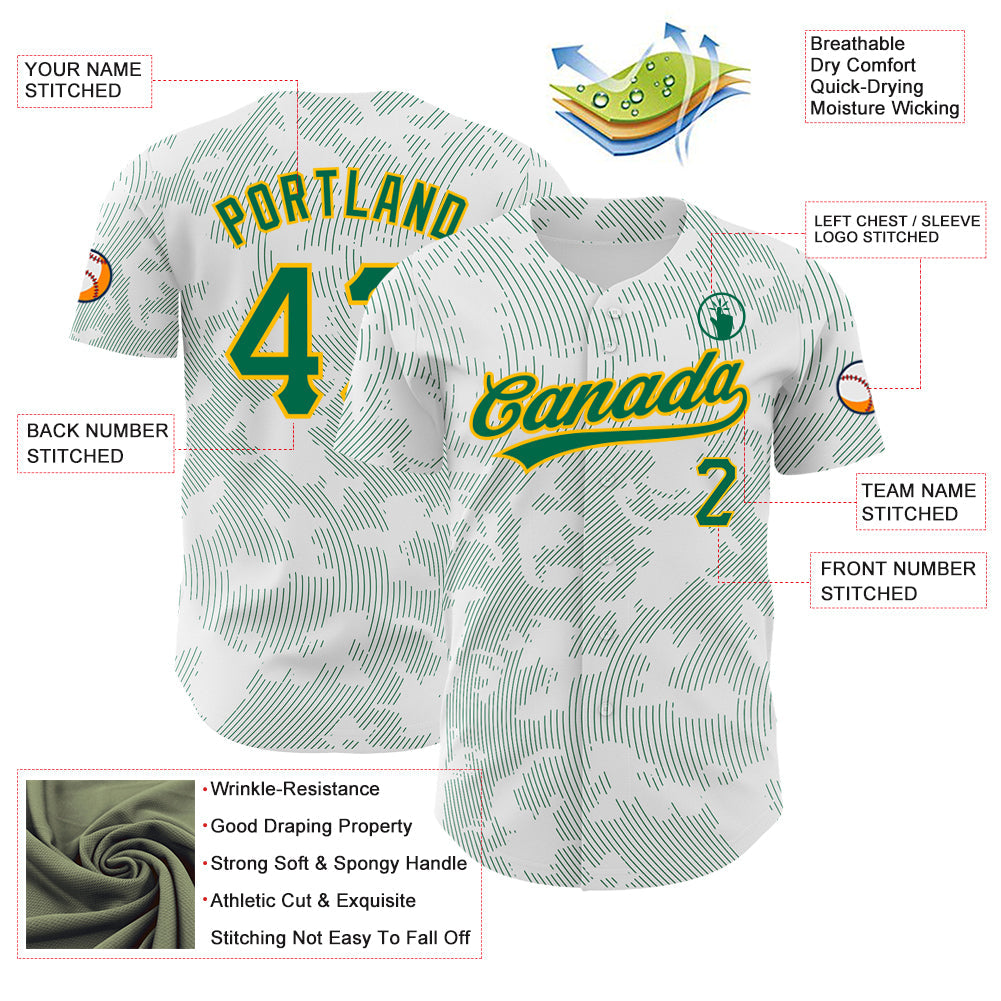 Custom White Kelly Green-Gold 3D Pattern Design Curve Lines Authentic Baseball Jersey - Sky-Custom