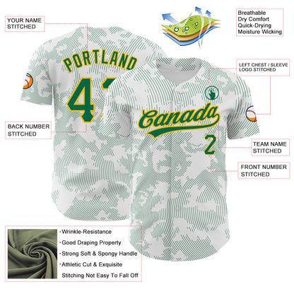 Custom White Kelly Green-Gold 3D Pattern Design Curve Lines Authentic Baseball Jersey - Sky-Custom