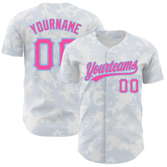 Custom White Pink-Light Blue 3D Pattern Design Curve Lines Authentic Baseball Jersey - Sky-Custom