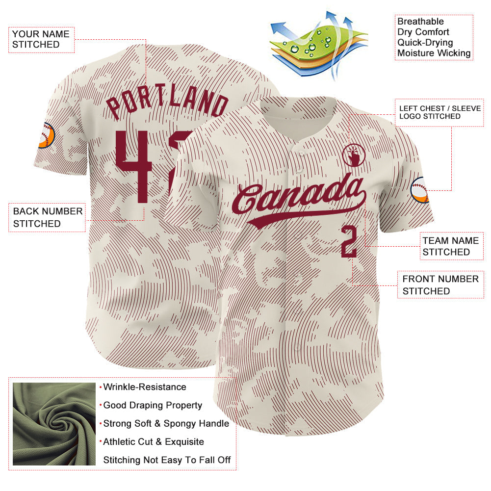 Custom Cream Crimson 3D Pattern Design Curve Lines Authentic Baseball Jersey - Sky-Custom