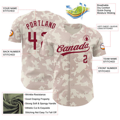 Custom Cream Crimson 3D Pattern Design Curve Lines Authentic Baseball Jersey - Sky-Custom