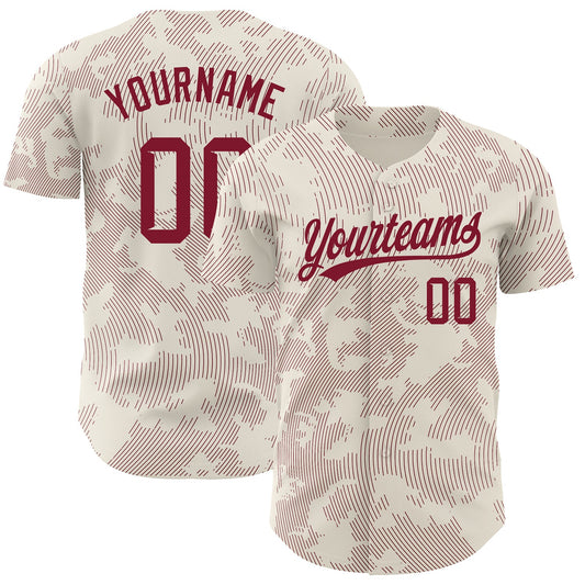 Custom Cream Crimson 3D Pattern Design Curve Lines Authentic Baseball Jersey - Sky-Custom