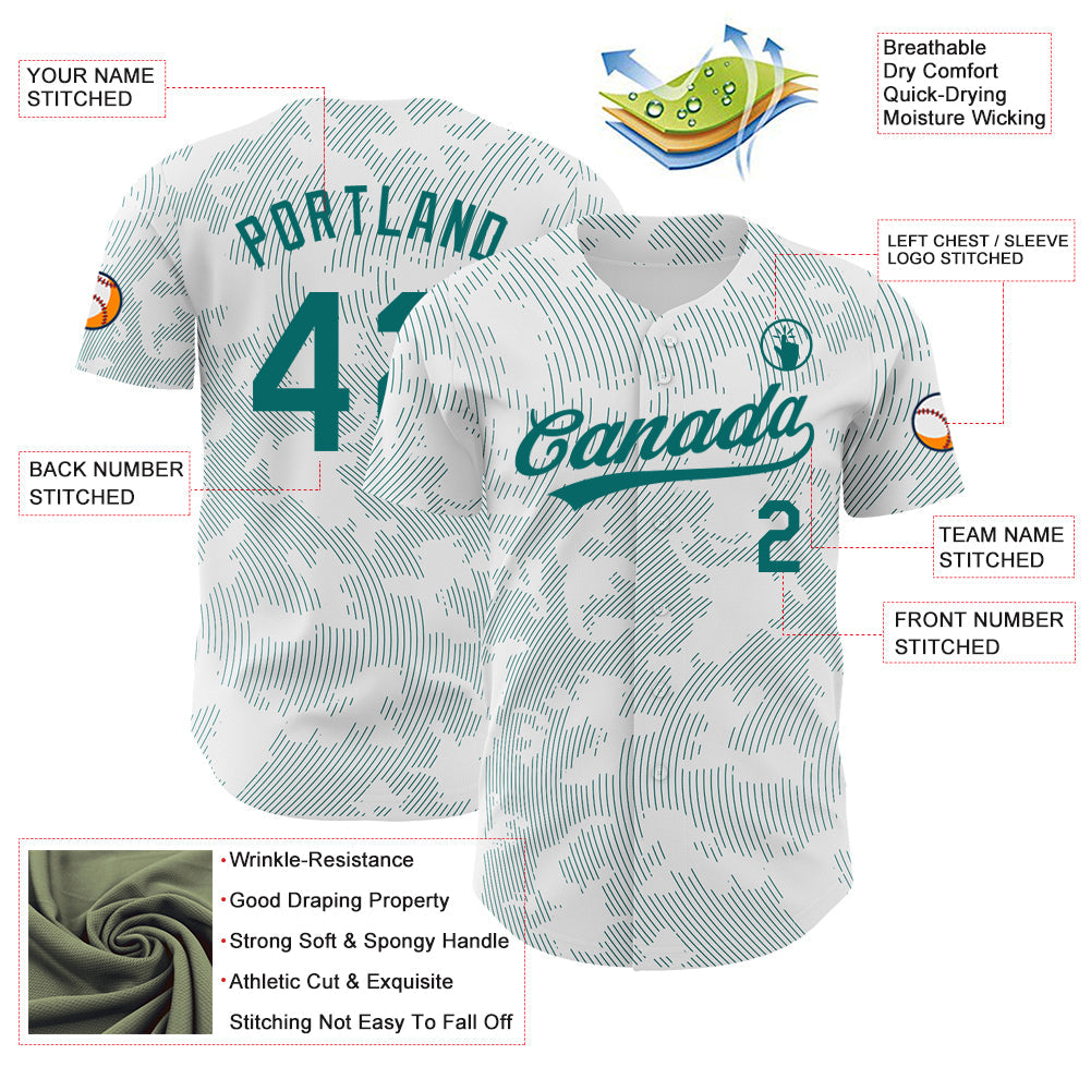 Custom White Teal 3D Pattern Design Curve Lines Authentic Baseball Jersey - Sky-Custom
