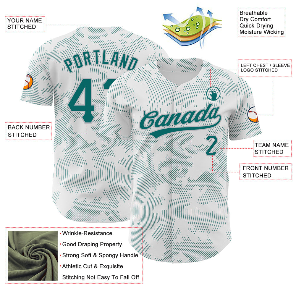 Custom White Teal-Gray 3D Pattern Design Curve Lines Authentic Baseball Jersey - Sky-Custom