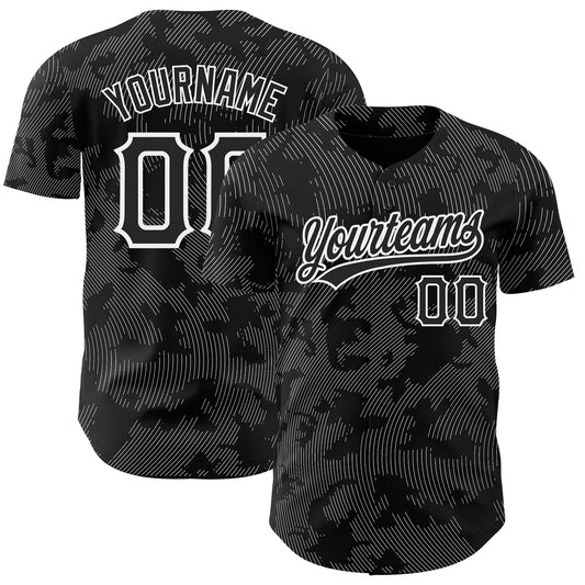 Custom Black White 3D Pattern Design Curve Lines Authentic Baseball Jersey - Sky-Custom