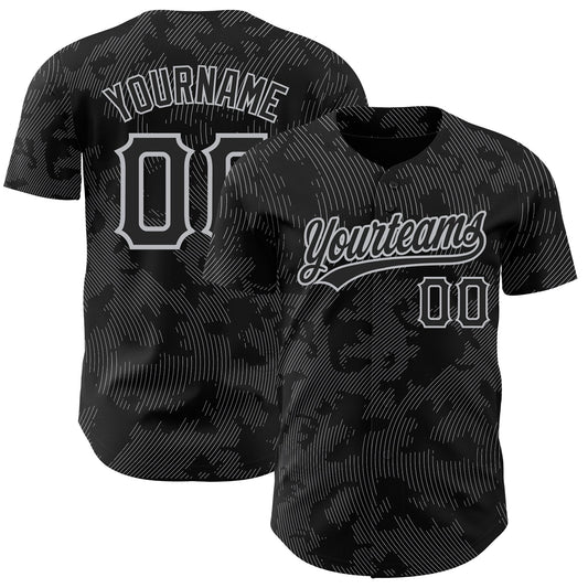 Custom Black Gray 3D Pattern Design Curve Lines Authentic Baseball Jersey - Sky-Custom