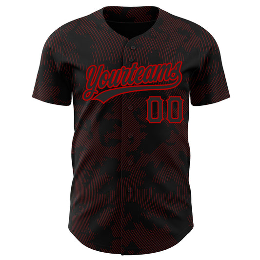 Custom Black Red 3D Pattern Design Curve Lines Authentic Baseball Jersey - Sky-Custom