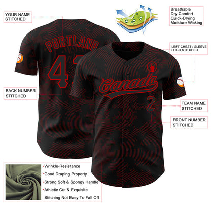 Custom Black Red 3D Pattern Design Curve Lines Authentic Baseball Jersey - Sky-Custom