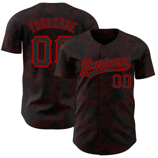 Custom Black Red 3D Pattern Design Curve Lines Authentic Baseball Jersey - Sky-Custom