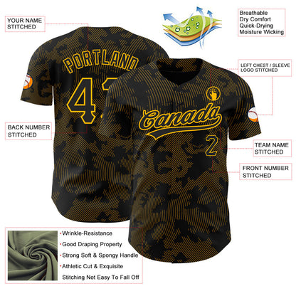 Custom Black Gold 3D Pattern Design Curve Lines Authentic Baseball Jersey - Sky-Custom