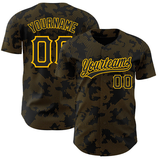 Custom Black Gold 3D Pattern Design Curve Lines Authentic Baseball Jersey - Sky-Custom