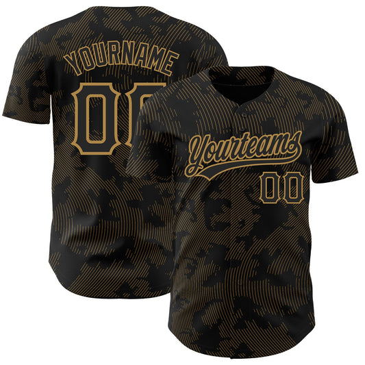 Custom Black Old Gold 3D Pattern Design Curve Lines Authentic Baseball Jersey - Sky-Custom