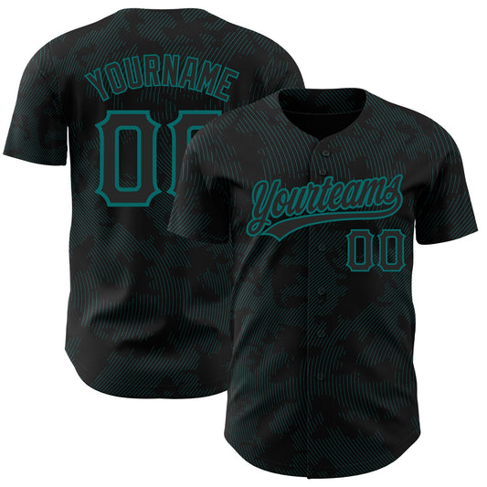 Custom Black Teal 3D Pattern Design Curve Lines Authentic Baseball Jersey - Sky-Custom