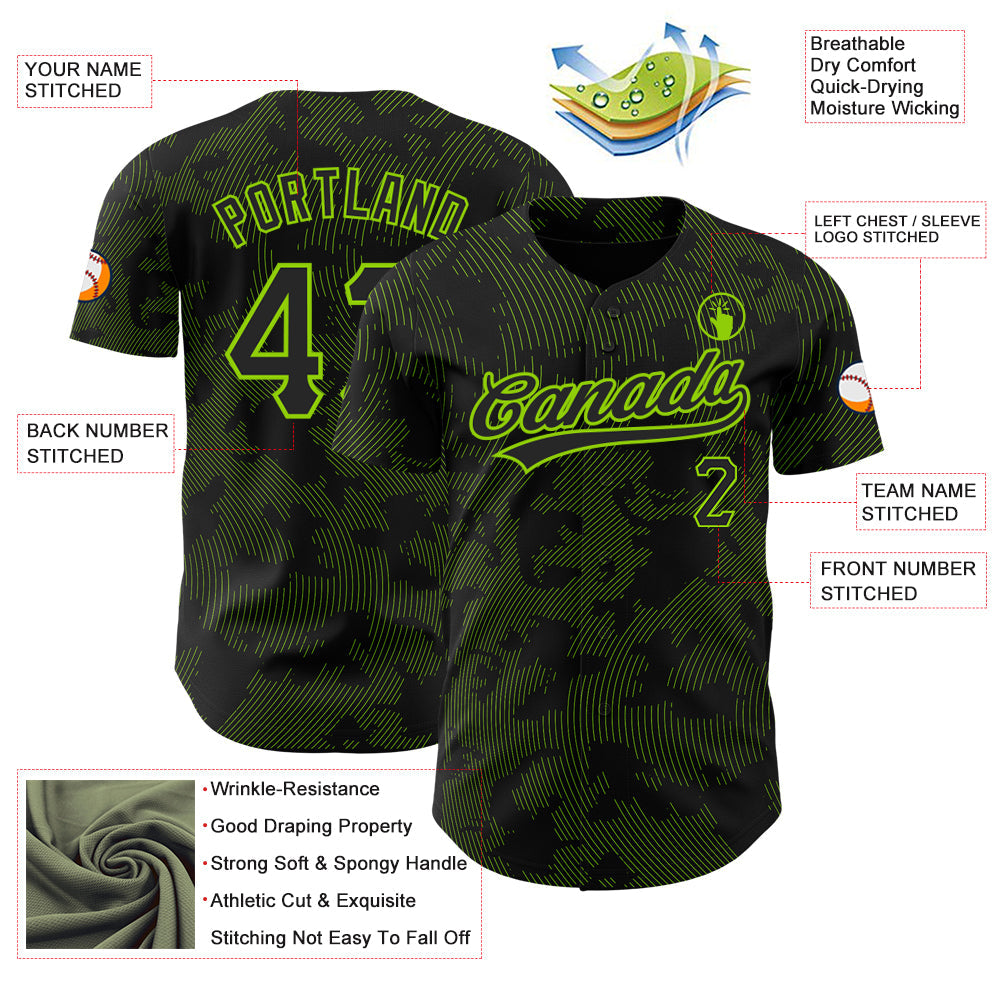 Custom Black Neon Green 3D Pattern Design Curve Lines Authentic Baseball Jersey - Sky-Custom