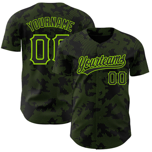 Custom Black Neon Green 3D Pattern Design Curve Lines Authentic Baseball Jersey - Sky-Custom